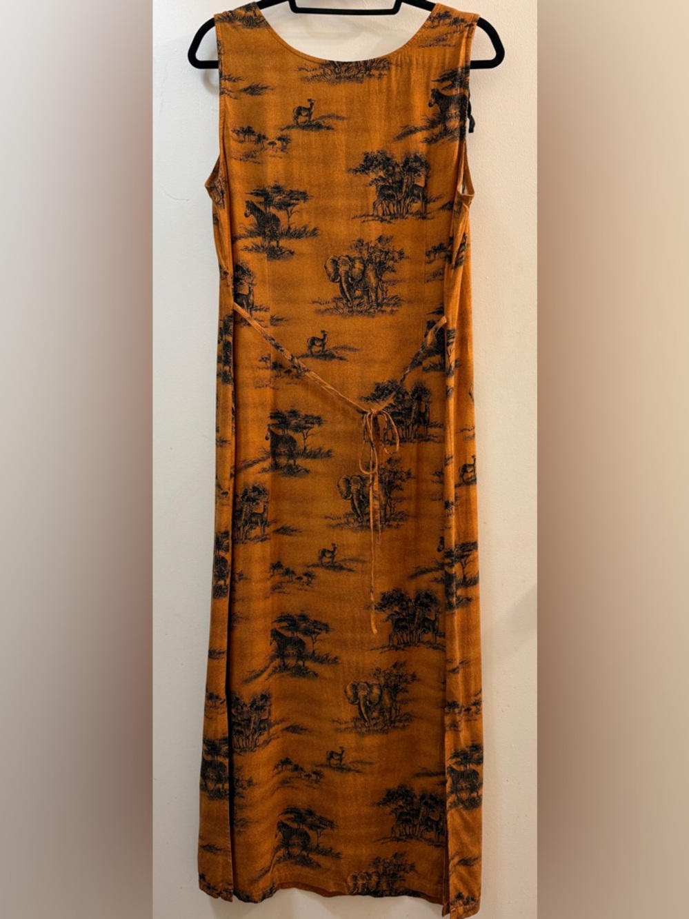 VTG Kathie Lee Safari Toile Maxi Dress 14 Orange Rayon Elephant Zebra Boho - Picture 8 of 10